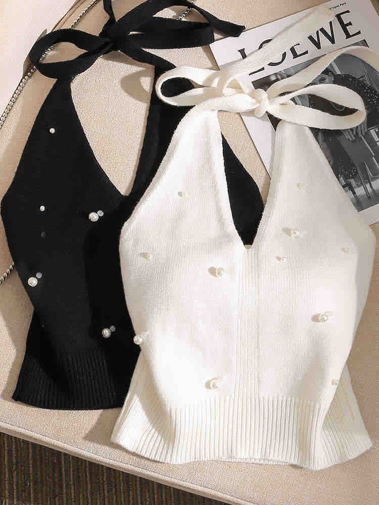 2 in 1 Cotton halter neck pearl bead top